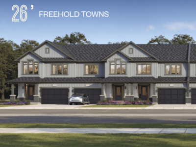 Exterior view of 26-foot freehold townhomes at Brightside at River’s Edge featuring modern design and front garages