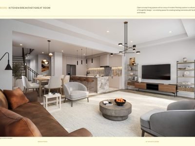Modern open-concept living and kitchen area with marble island, pendant lights, and cozy seating at Brightside at River’s Edge