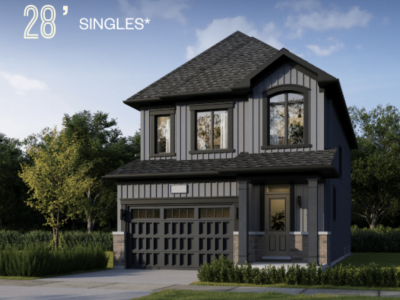 Exterior rendering of a 28-foot single detached home at Brightside at River’s Edge with garage and landscaped front yard
